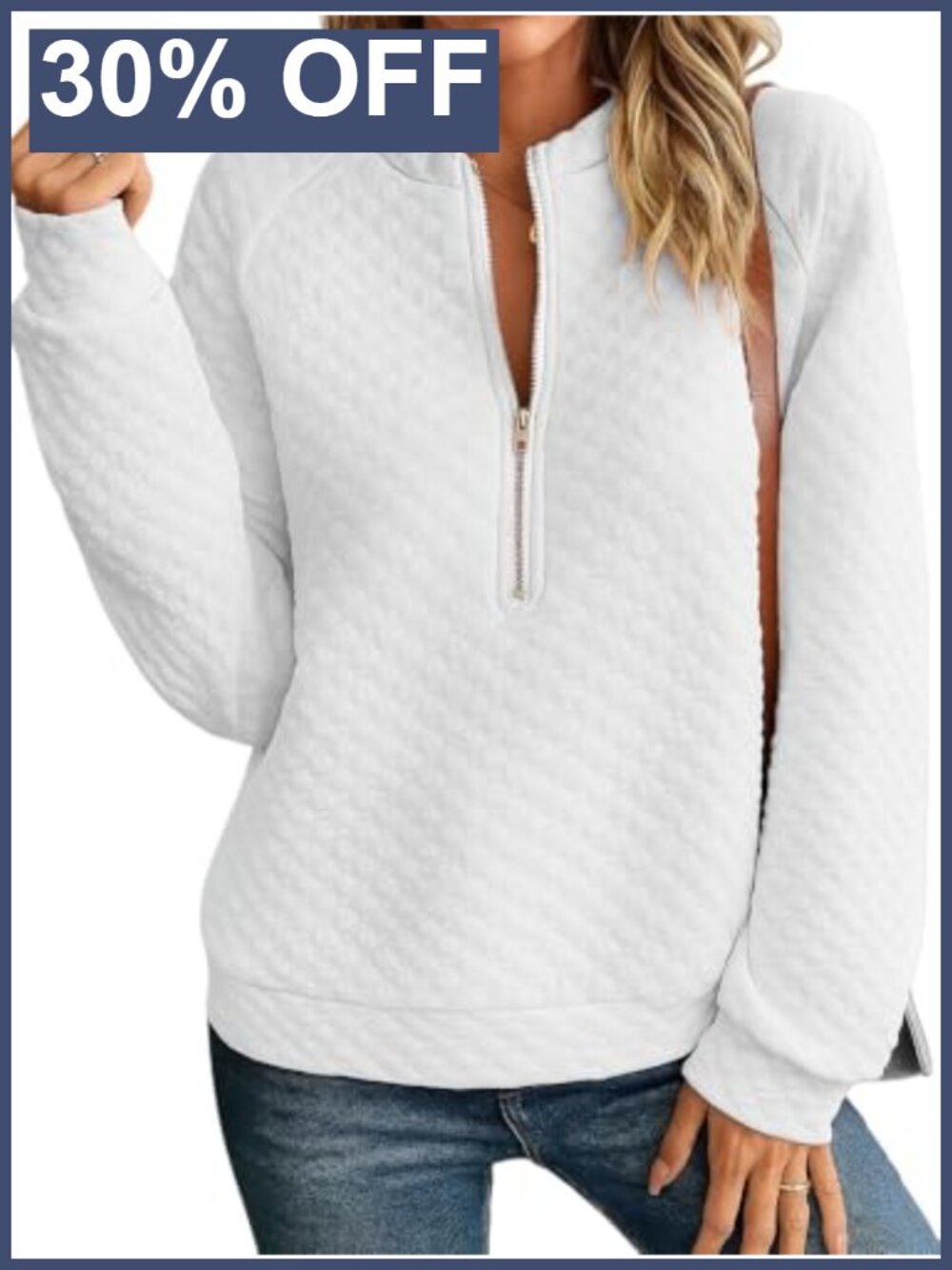 Half-Zip Quilted Crew Neck Long Sleeve Loose Pullover Sweatshirt